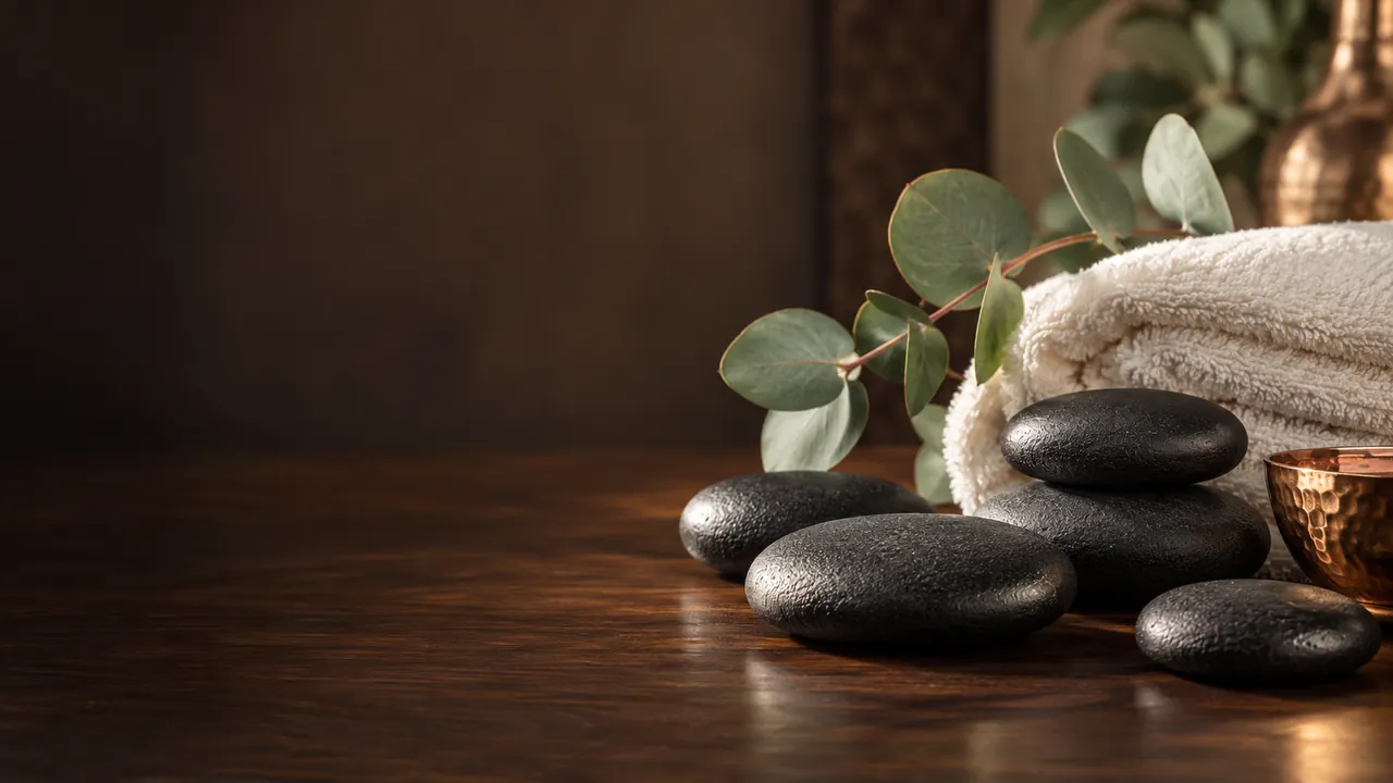Smooth massage stones, ivory towels, and a copper bowl