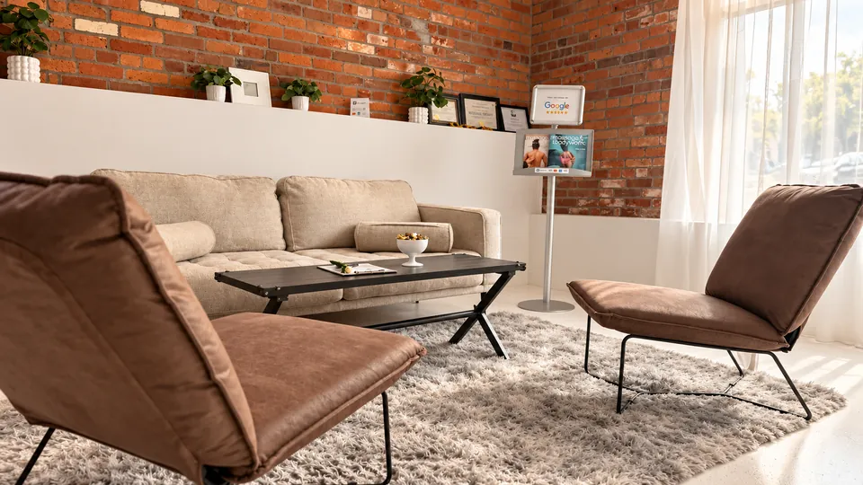 The welcoming Serenity waiting area with cream seating, exposed brick, and soft daylight