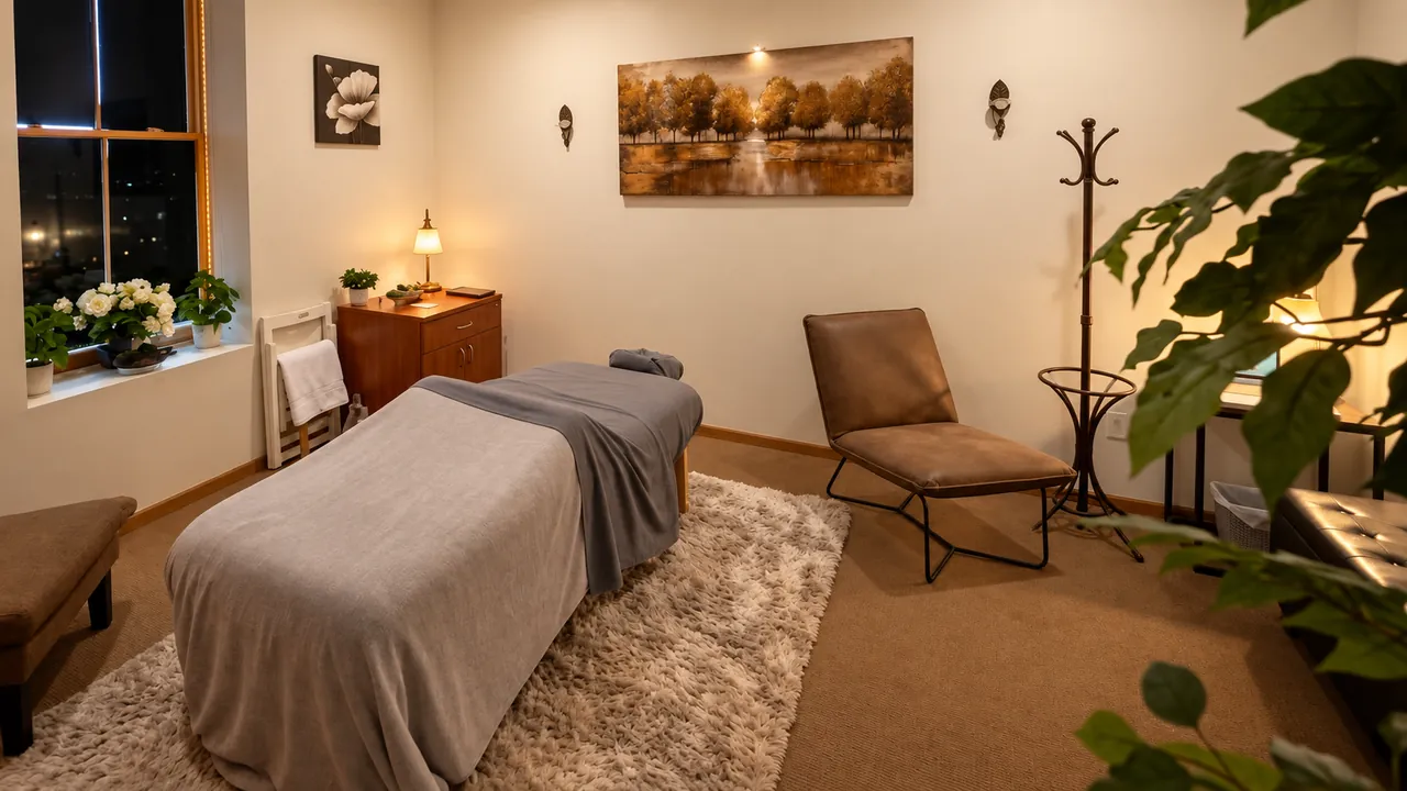 The warmly lit massage treatment room at M.M.M. Serenity