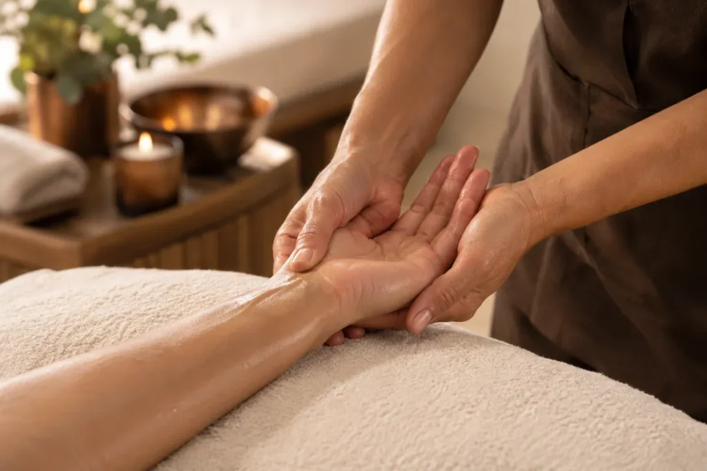 Illustration of a gentle hand and forearm massage