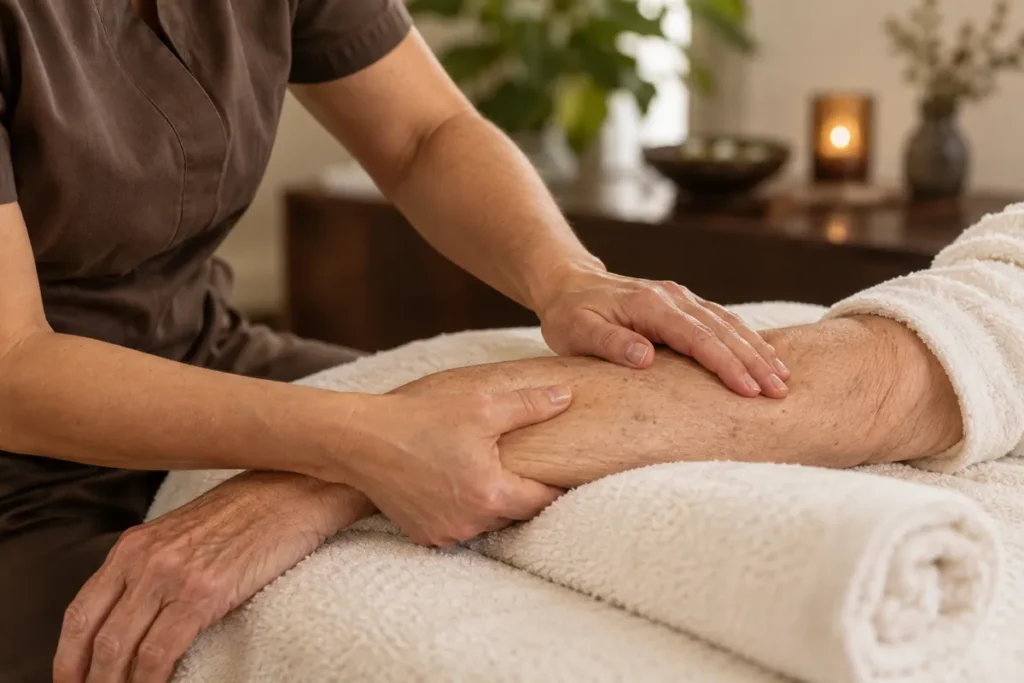 Illustration of gentle massage care for an older adult
