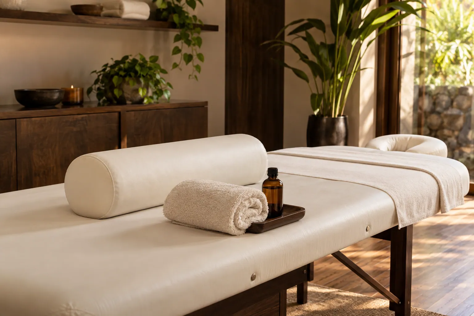 Bolster, towel, and massage oil prepared for a deep tissue massage
