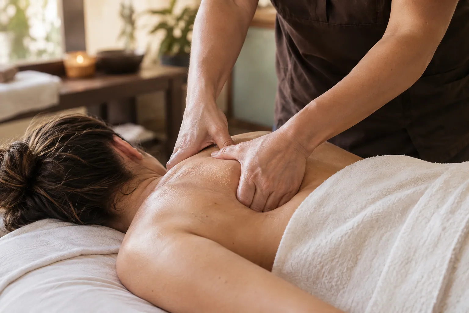 Focused massage pressure at a client’s upper shoulder