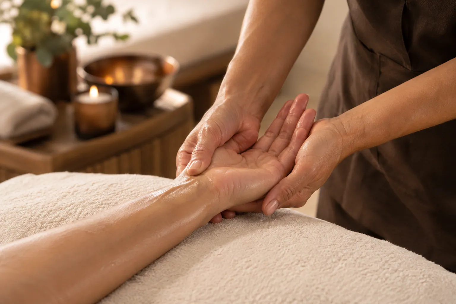 A therapist gently massaging a client’s hand and forearm