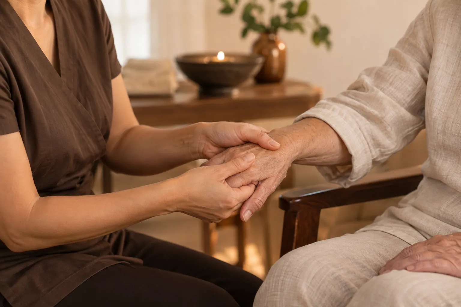 Gentle hand massage for an older adult