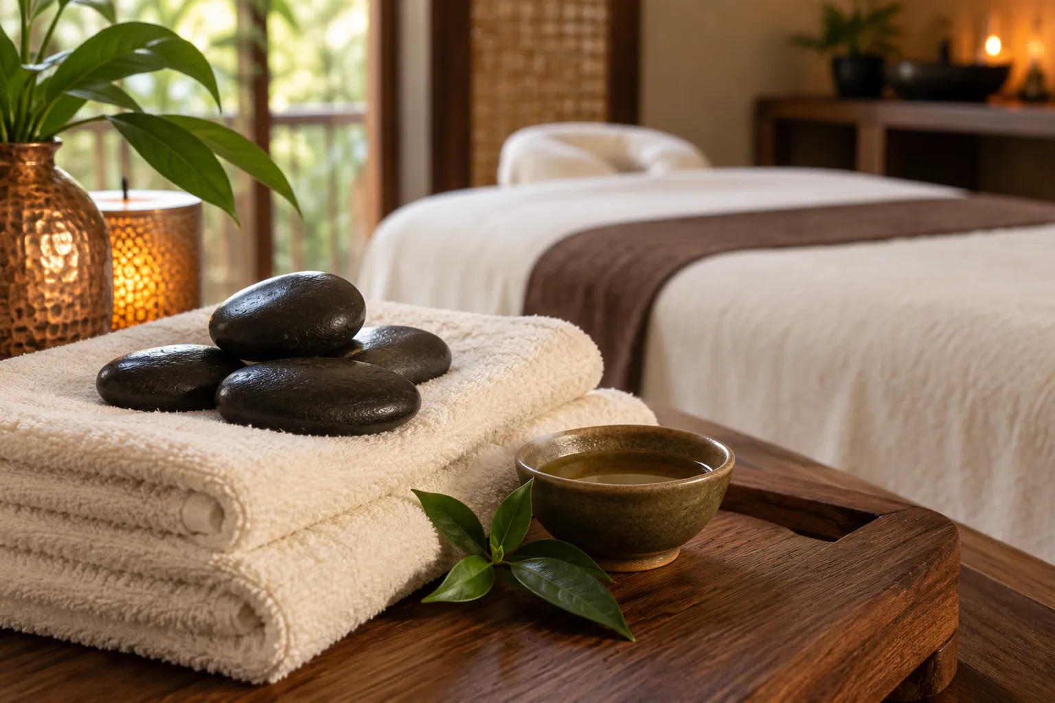 Smooth massage stones arranged on ivory towels beside a ceramic bowl