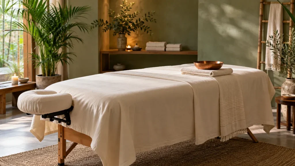 Illustration of a prepared massage table with soft ivory linens