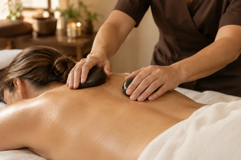 Illustration of smooth massage stones and neatly folded towels