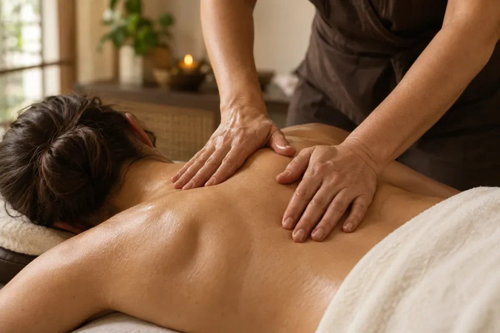 Illustration of focused massage work around the upper back