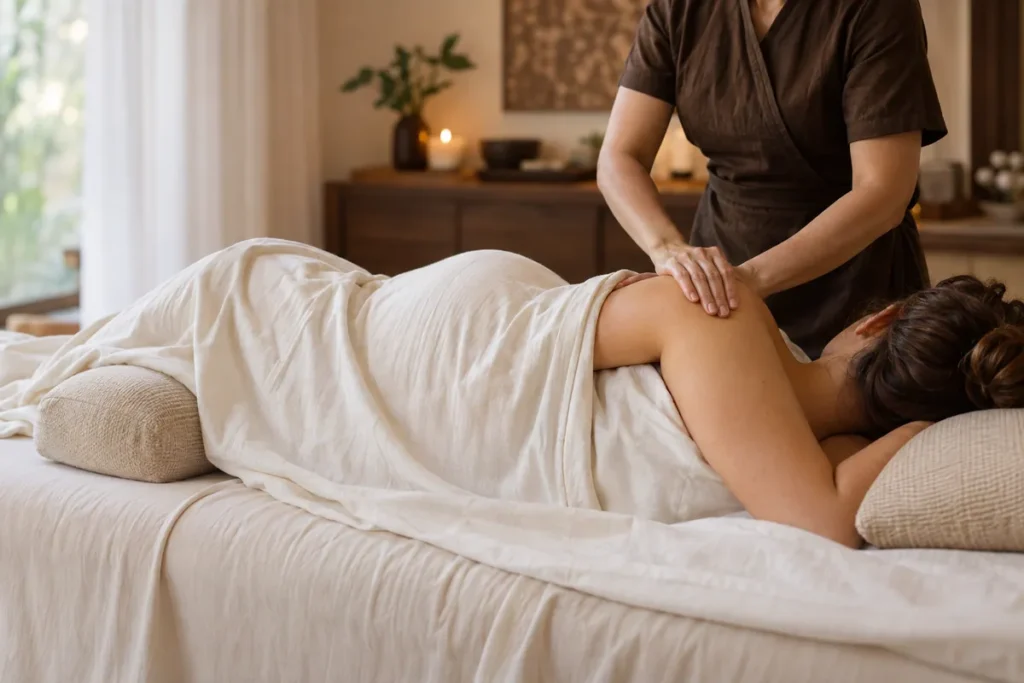 Illustration of supportive cushions prepared for prenatal massage