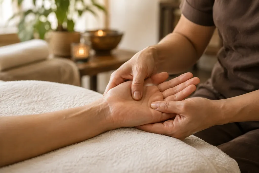Illustration of focused foot massage in a calm studio setting