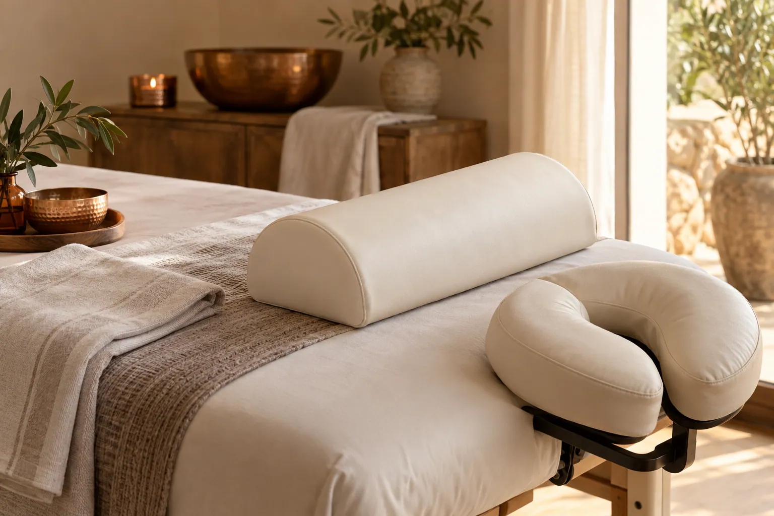 Cervical bolster and face cradle prepared for a neck and back massage