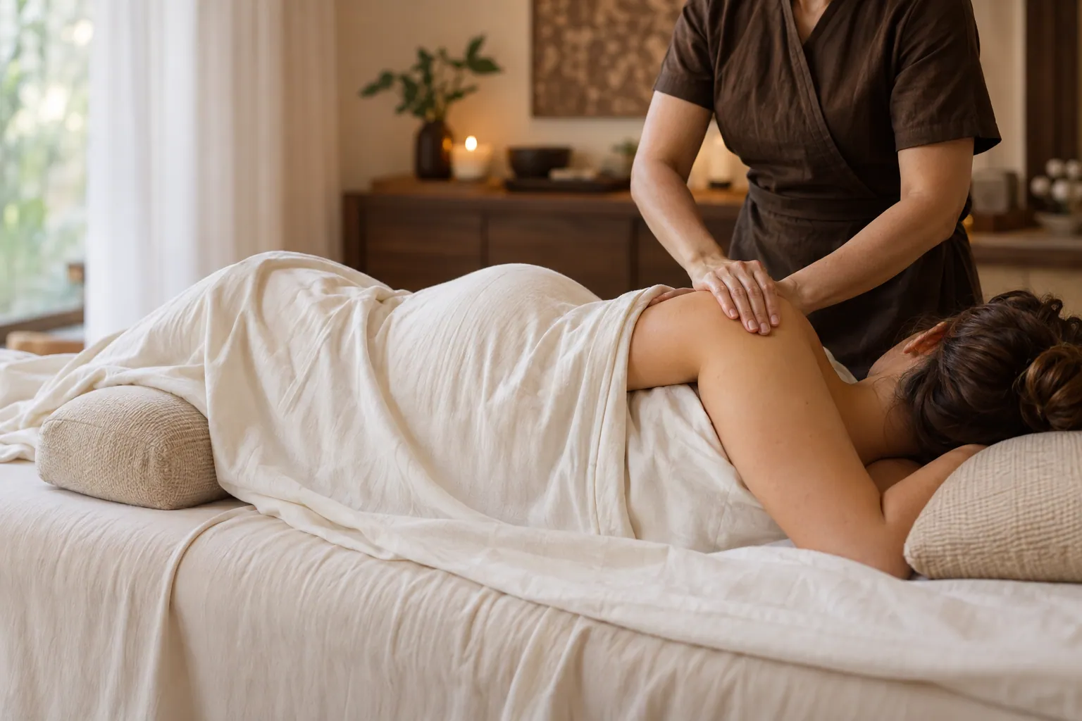 Side-lying prenatal massage with pillows and linen support