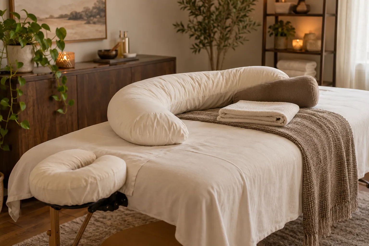 Pillows and bolsters arranged for comfortable side-lying prenatal massage