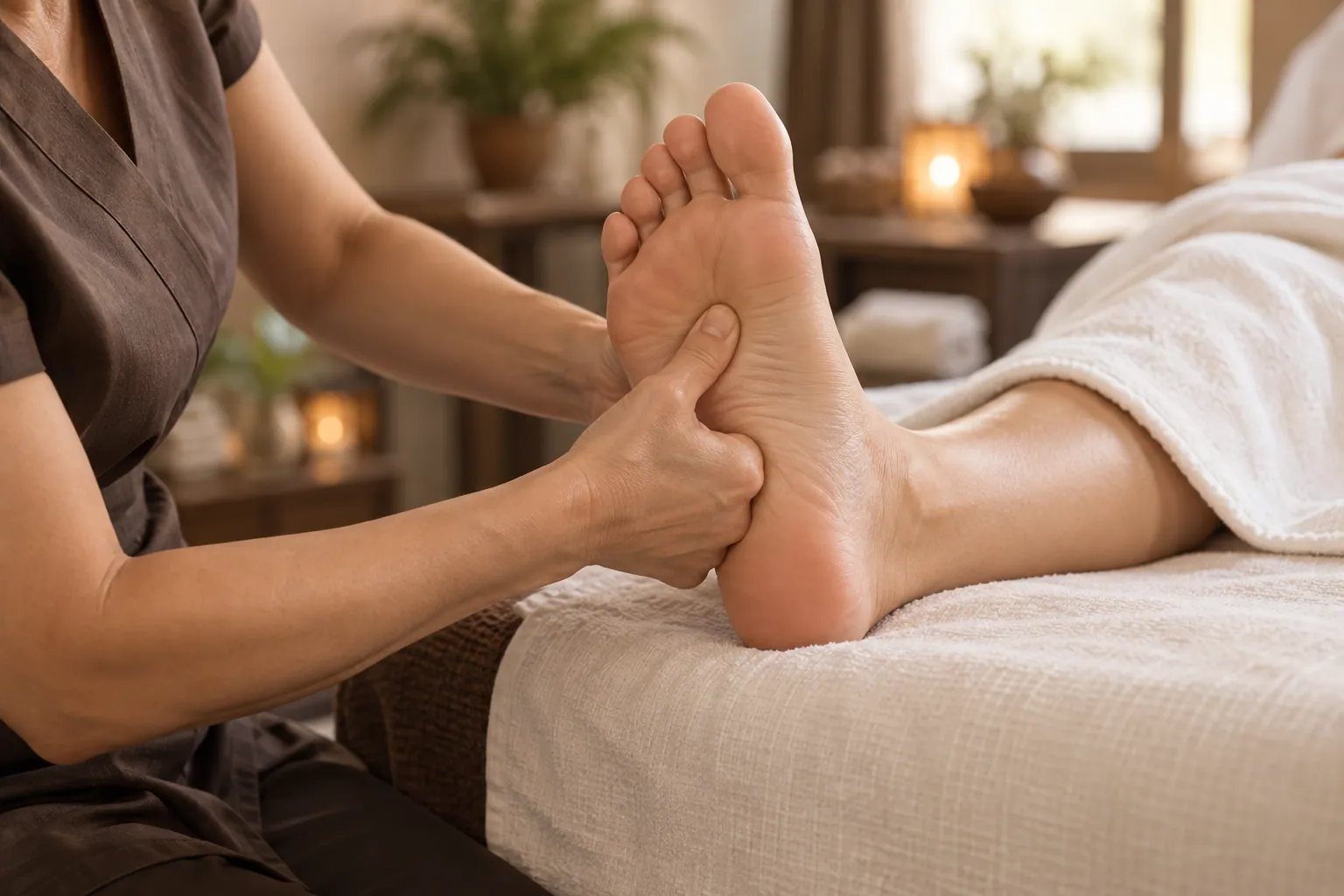 A therapist applying thumb pressure to the sole of a foot during reflexology