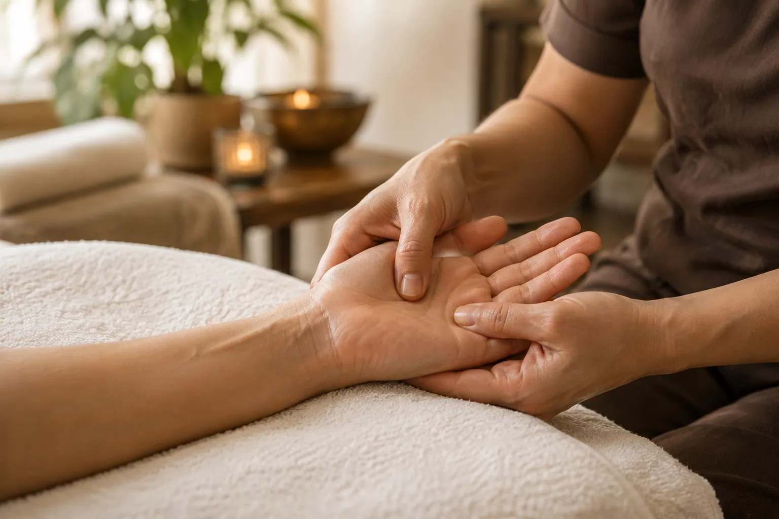 Gentle pressure on a client’s palm during hand reflexology