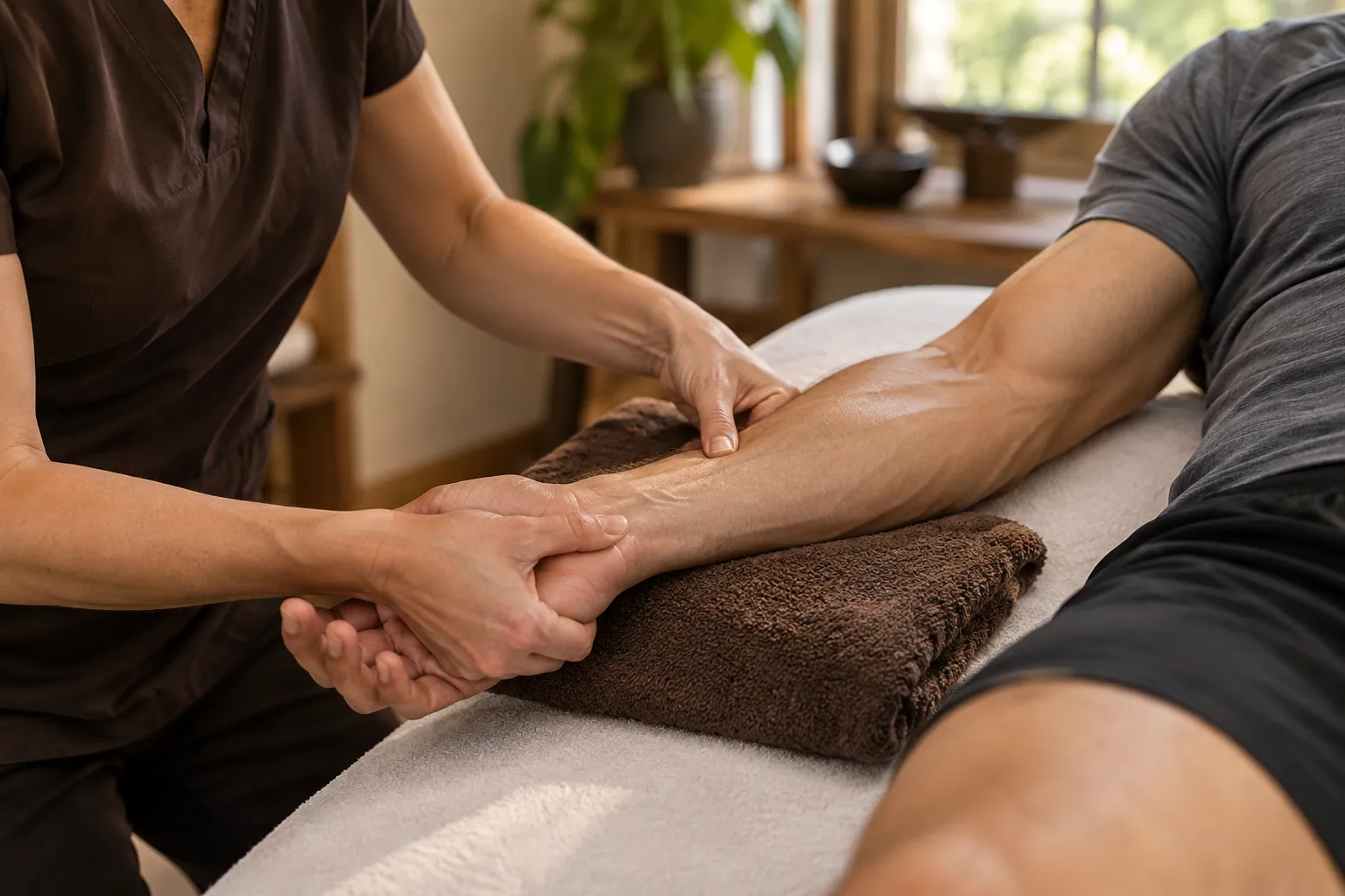 Focused forearm and wrist massage for an adult athlete