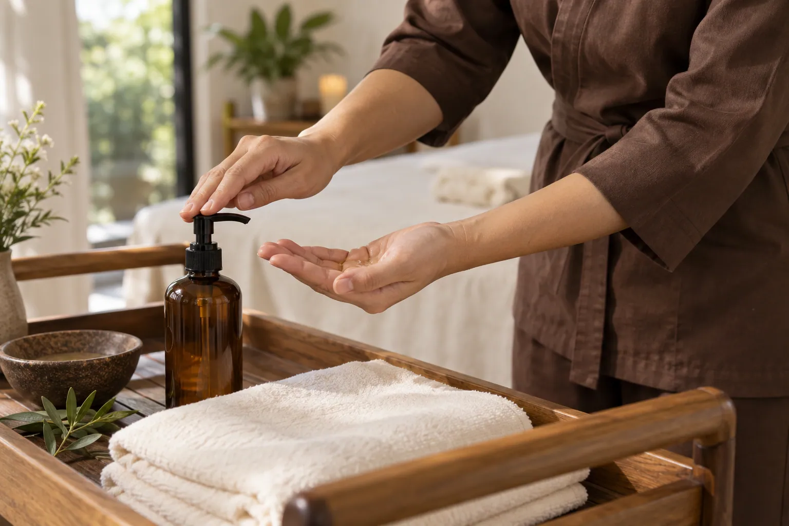 A therapist preparing massage oil beside clean linens for Swedish massage