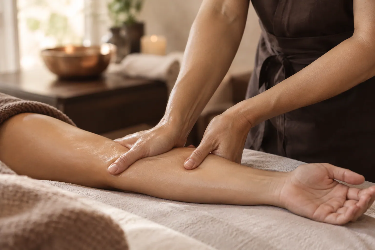 Gentle gliding massage strokes along a client’s forearm